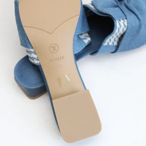 Vivaia Blue Denim White Pointed-Toe Knot Sandals Heel Mules (Yaffa Pro) Size 11 - Picture 8 of 10